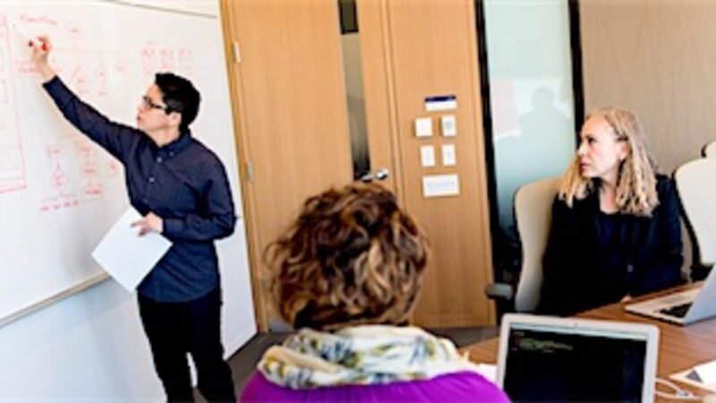 A team planning a schedule on a whiteboard in a meeting room
